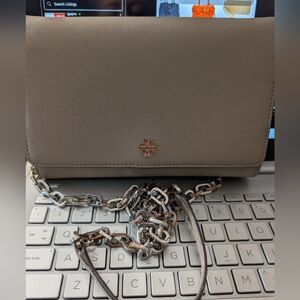 Tory Burch Small Crossbody Bag in Taupe with Silver Chain